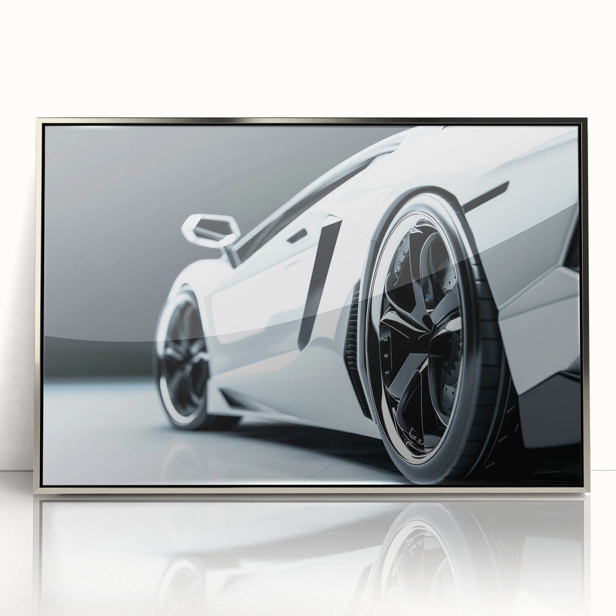 Mid-century modernist art deco poster of a silver sports car, ideal for nursery wall art, framed in acrylic.