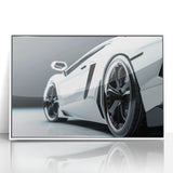 Art deco poster of a white sports car on a black background, acrylic framed, ideal for modern art wall decor.