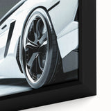 Extra large framed canvas featuring a close-up of a black sports car with vibrant, textured color accents.