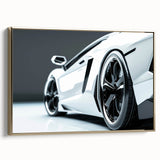 Side view of a vintage sports car in black and gold on a framed canvas, suitable for bedroom wall decor.
