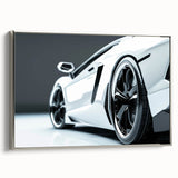 Silver sports car on a black background, framed canvas, ideal for modern office decor.