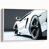 Vintage poster art of a classic car in colorful hues on a large framed canvas, ideal for living room decor.