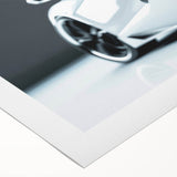 Art deco poster of a vintage sports car in monochrome shades, printed on rolled canvas, suitable for dining room decor.