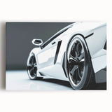 Black and white image of a sports car on stretched canvas, ideal for kitchen wall art or bedroom ambiance.