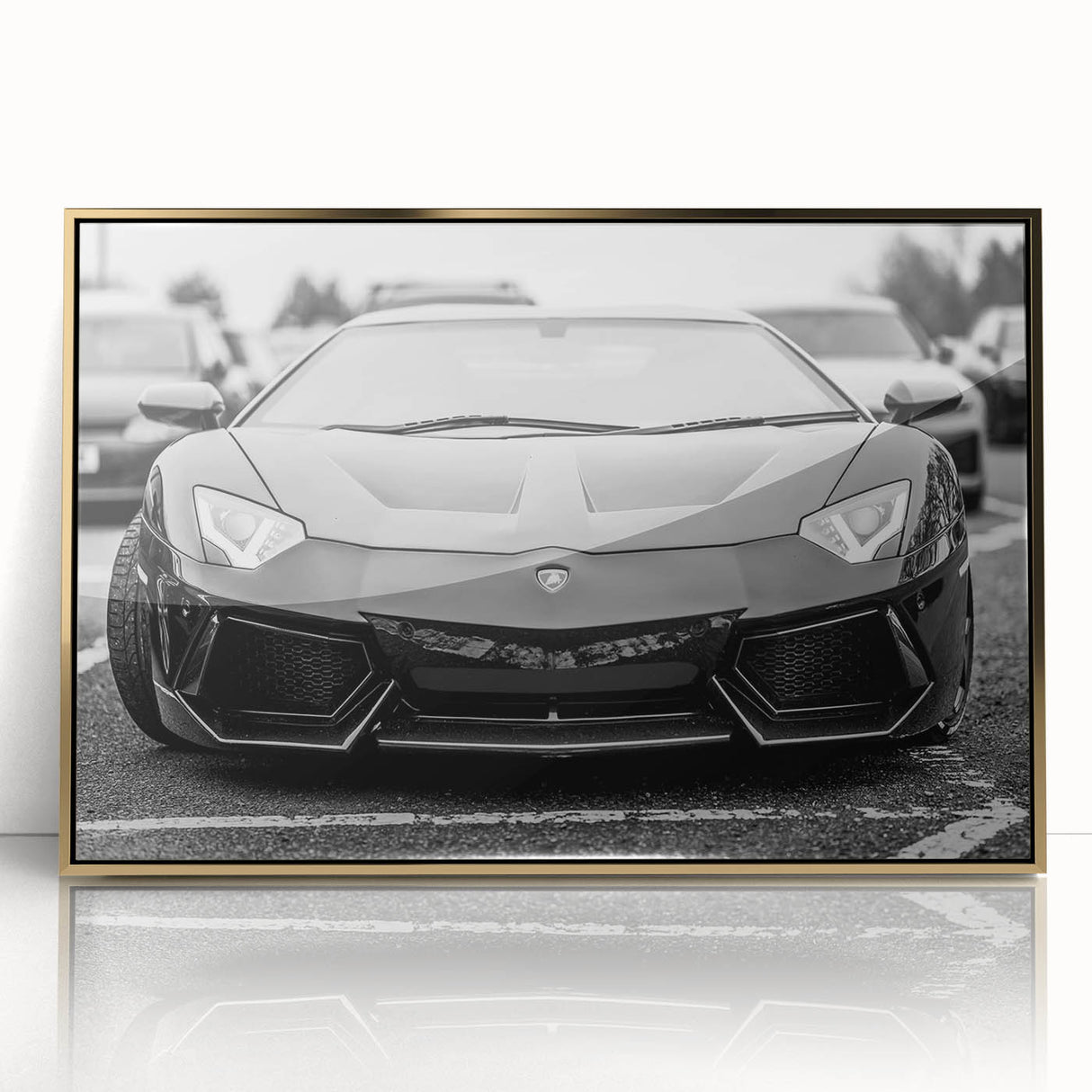 Acrylic print of a gold-colored sports car, in a mid-century modernist style, ideal for modern art wall decor.