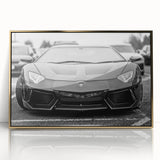 Acrylic print of a gold-colored sports car, in a mid-century modernist style, ideal for modern art wall decor.