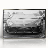 Mid-century modernist art depicting a silver sports car on a framed acrylic print.