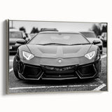 Silver sports car on a black background in a minimalist style, framed canvas, suitable for modern office decor.