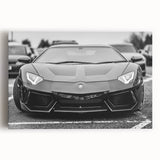 Black and white photo of sports cars on stretched canvas, ideal for kitchen wall art.