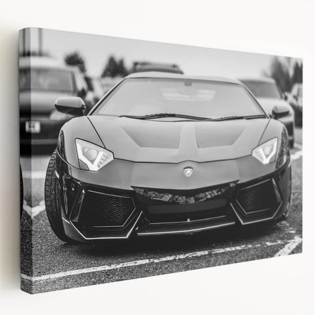 Side view of a red sports car on a stretched canvas, in bright red and black tones, suitable for kitchen wall art.