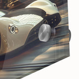 Mid-century modernist acrylic print of abstract sport cars in vibrant colors, ideal for dining room art.