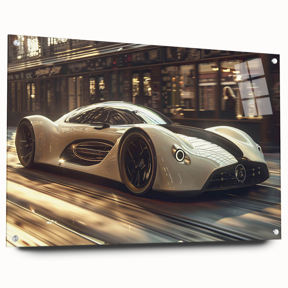 Side view of a red sports car on acrylic glass, with a minimalist design, ideal for modern bedroom or dining room decor.