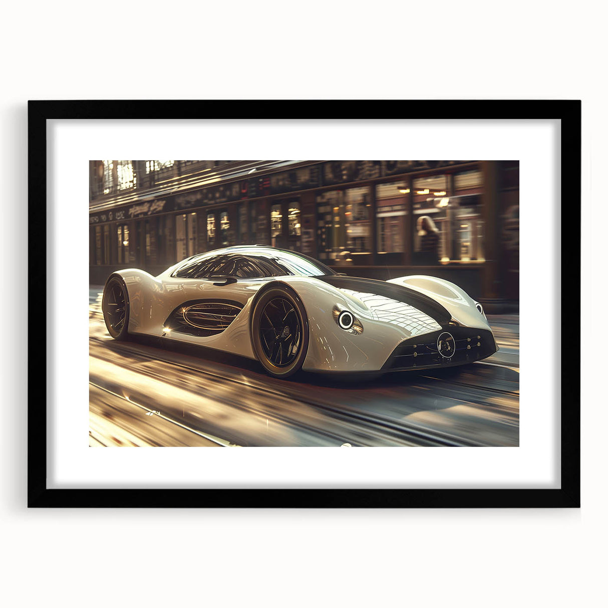 Abstract art print of colorful, textured sports cars on a large canvas, framed in black, suitable for living room decor.
