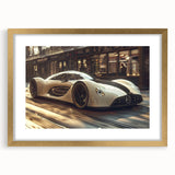 Abstract art print of a sports car in textured gray and black tones on a large framed canvas, ideal for living room decor.