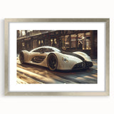 Abstract art print of a sports car in textured gray and silver tones on a framed canvas, ideal for modern bedroom decor.