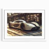 Abstract art print of sports cars in monochrome tones, framed with a white mat, suitable for bedroom or dining room decor.