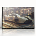 Large abstract wall art of a black sports car, rendered in mid-century modernist style on framed acrylic.