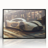 Large abstract wall art of a black sports car, rendered in mid-century modernist style on framed acrylic.