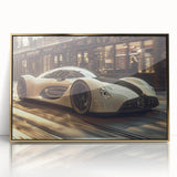 Front view of a gold sport car in mid-century modernist style on a large acrylic print, suitable for modern art wall decor.