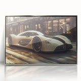 Mid-century modernist art of a silver sports car, acrylic print in silver frame, ideal for modern art wall decor.