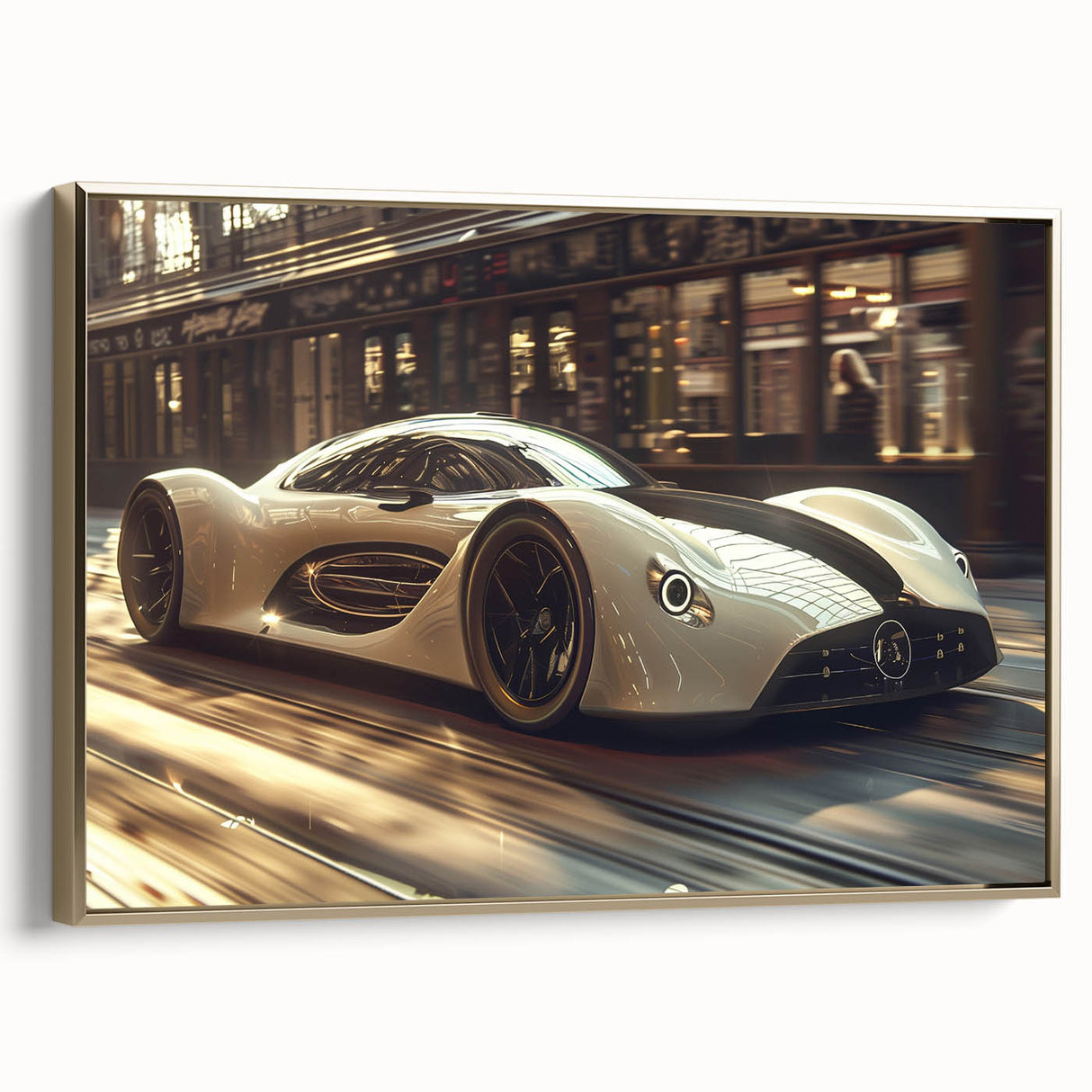 Vintage poster art of a black sports car on a gold background, framed canvas, ideal for bedroom wall decor.