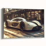 Side view of a vintage sports car in black and silver on a framed canvas, suitable for modern living room decor.