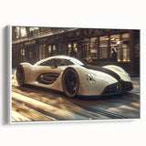 Vintage poster art of a classic car in black and white on a framed canvas, ideal for extra large living room wall.