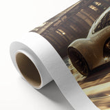 Art deco poster of a vintage car in muted silver and black tones, printed on rolled canvas, ideal for nursery wall art.