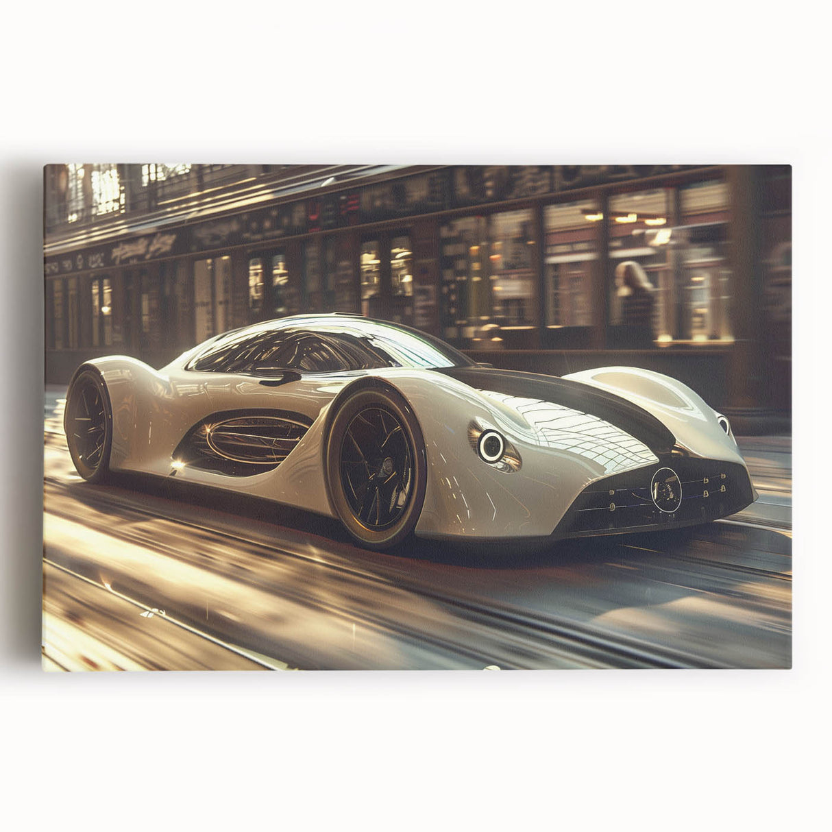 Black and white photo of a vintage sports car on stretched canvas, well-suited for kitchen wall art.