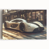 Black and white photo of a vintage sports car on stretched canvas, well-suited for kitchen wall art.