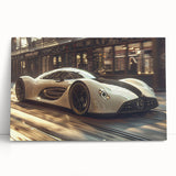 Black and white photo of a vintage sports car on stretched canvas, ideal for kitchen wall art or bedroom ambiance.