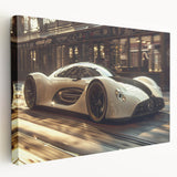 Side view of a red sports car on a stretched canvas, in vivid red and black tones, suitable for kitchen wall art.