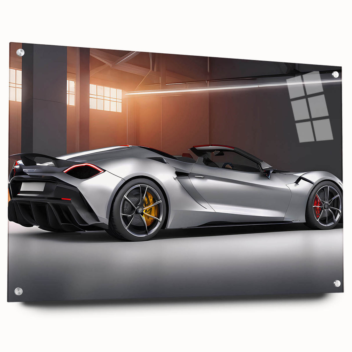 Side view of a sports car in vibrant red on acrylic glass, great for modern bedroom ambiance.