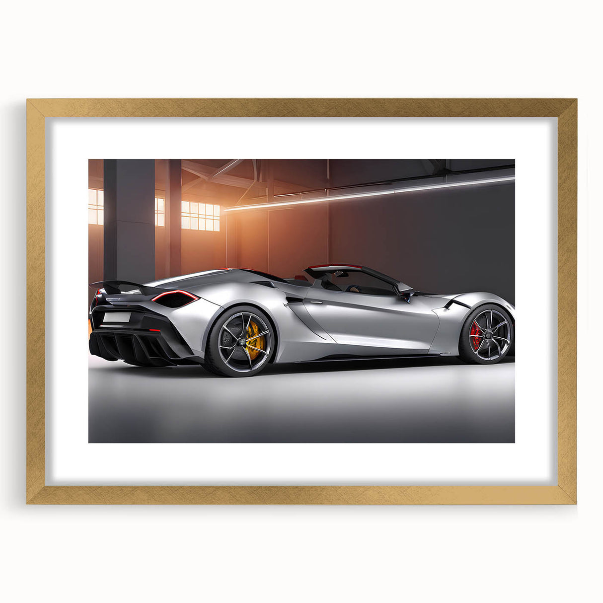 Extra large abstract art print of a sports car in textured gold and black hues on a framed canvas.