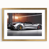 Extra large abstract art print of a sports car in textured gold and black hues on a framed canvas.