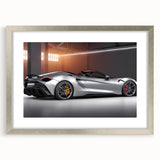 Abstract textured art print of sports cars in silver and black, framed with a matte finish, suitable for bedroom decor.