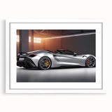 Abstract art print of a stylized sports car in bold black and red on a white framed poster.