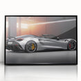 Large abstract wall art depicting a black sports car in mid-century modernist style on framed acrylic.