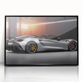 Large abstract wall art depicting a black sports car in mid-century modernist style on framed acrylic.