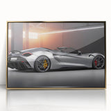 Front view of a gold sports car on a white background, framed acrylic print in mid-century modernist style.