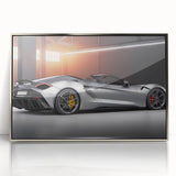 Mid-century modernist art of a silver sports car, acrylic print in silver frame, suitable for modern art wall decor.