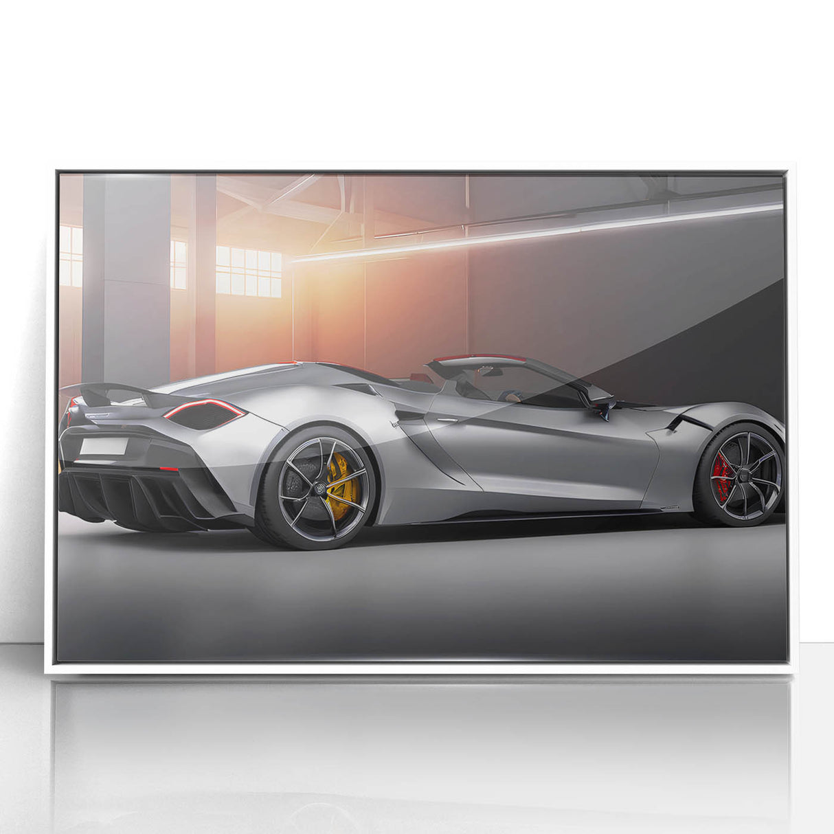 Art deco poster of a white sports car on a framed acrylic, featuring monochrome colors, ideal for modern art wall decor.