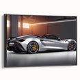 Black and white framed canvas featuring a side view of a vintage sports car, ideal for bedroom wall decor.