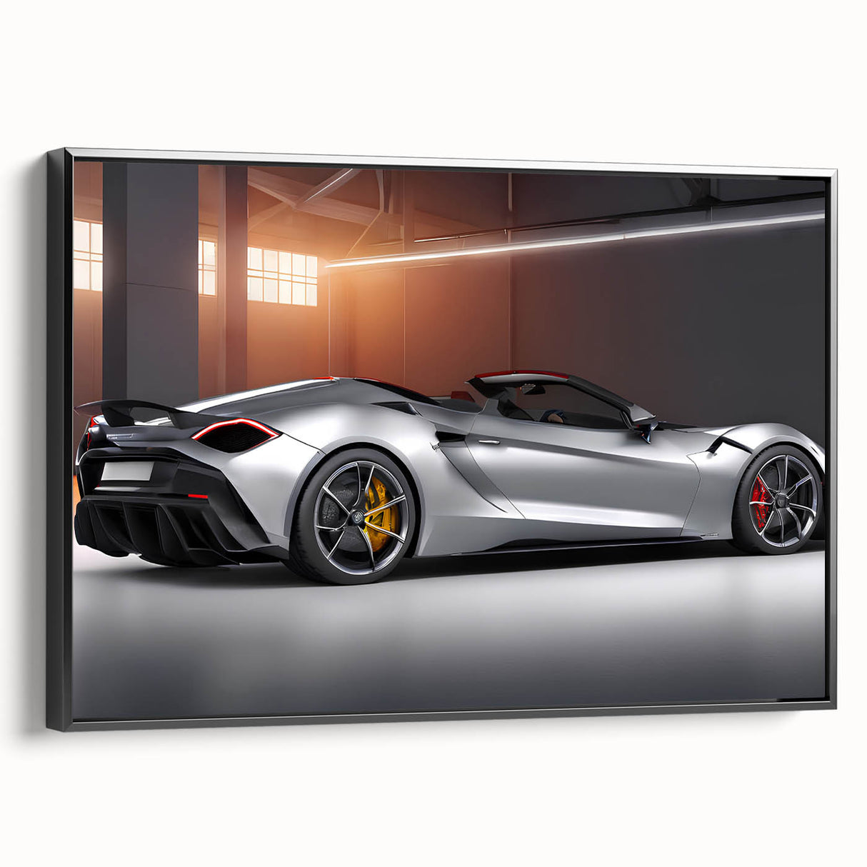 Black and white framed canvas featuring a side view of a vintage sports car, ideal for bedroom wall decor.