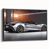 Black and white framed canvas featuring a side view of a vintage sports car, ideal for bedroom wall decor.