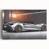 Black and white image of a sports car on stretched canvas, suitable as large kitchen wall art or for a bedroom.