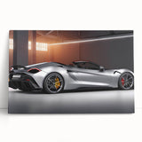 Black and white photo of a sports car on stretched canvas, suitable for kitchen wall art.
