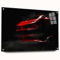 Side view of a red sports car on acrylic glass, vibrant colors, ideal for modern bedroom or dining room decor.
