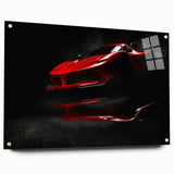Side view of a red sports car on acrylic glass, vibrant colors, ideal for modern bedroom or dining room decor.