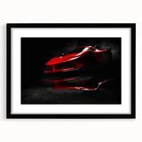 Abstract art print of colorful, textured sports cars, on a large black-framed canvas, ideal for living room decor.